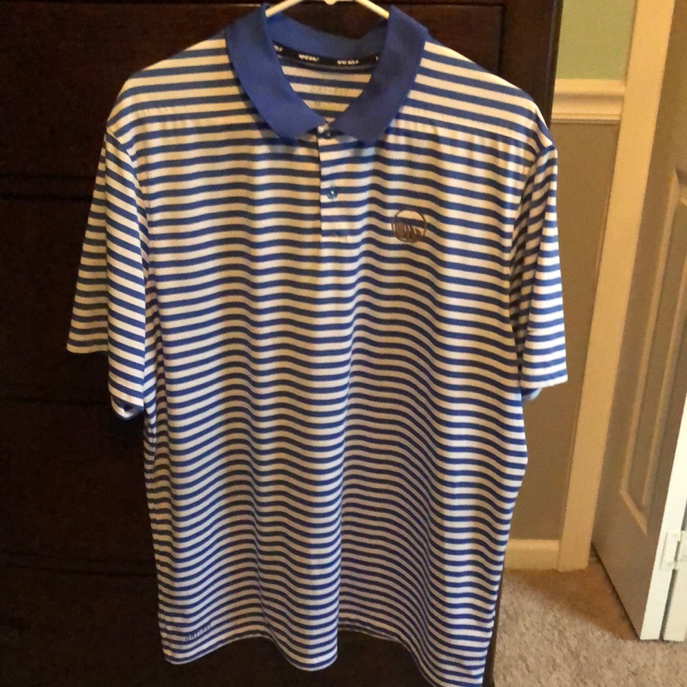 Men’s blue and white stripe Nike for fit polo with Cliffs golf course logo!